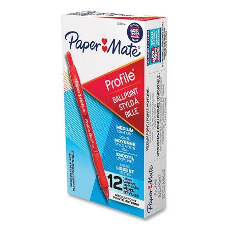 Paper Mate Profile Ballpoint Pen, Retractable, Medium 1 mm, Red Ink, Translucent Red Barrel, PK12 PK 2095454